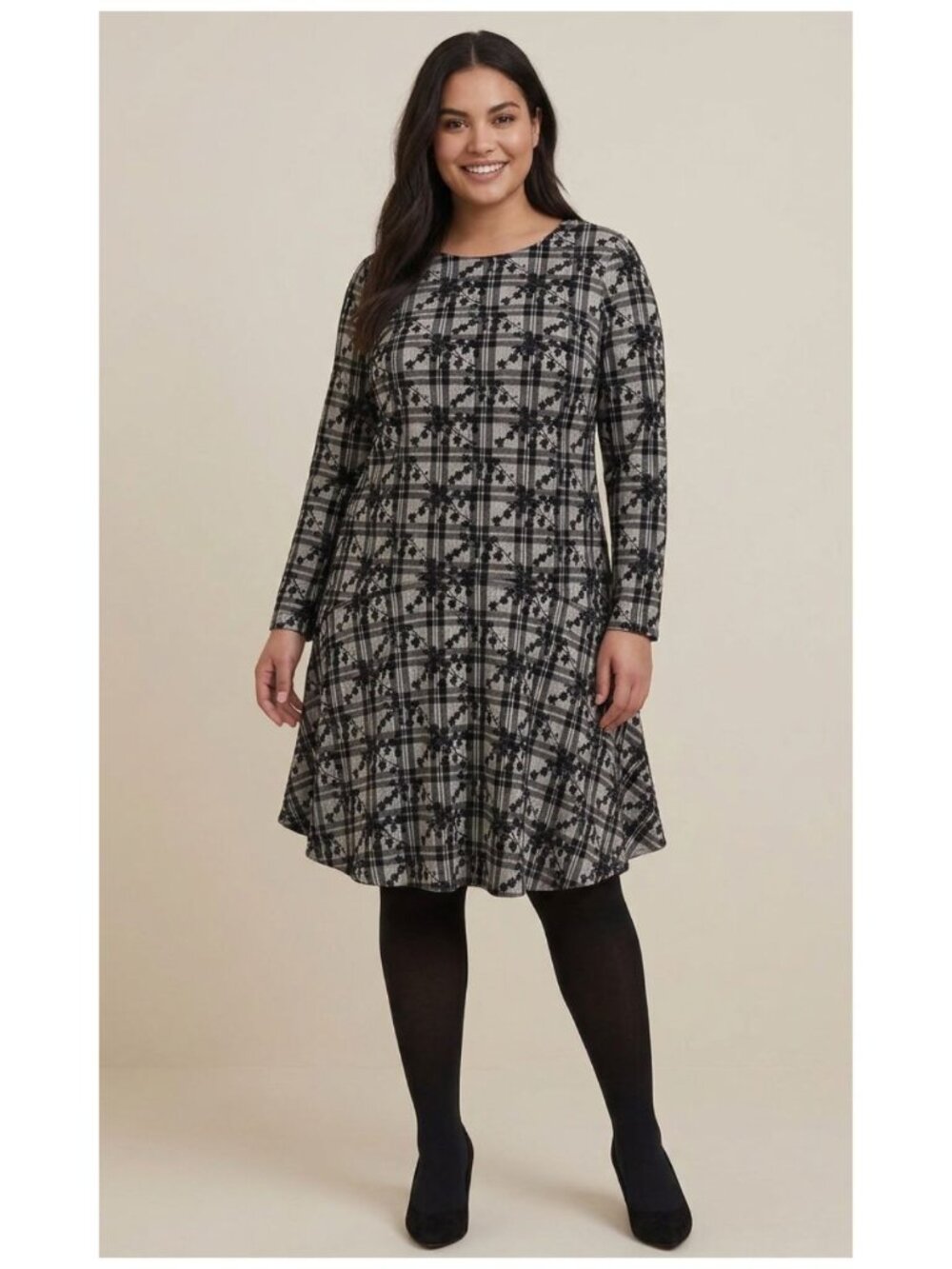 ANTHROPOLOGIE HUTCH Jeanie Tunic Dress Black/White Plaid Floral L.Sleeve 1X NEW